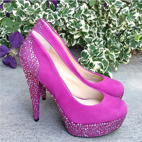 Enzo Angiolini Dark Pink Fuchsia Platform High Stiletto Heels with Rhinestones - Picture 2 of 8